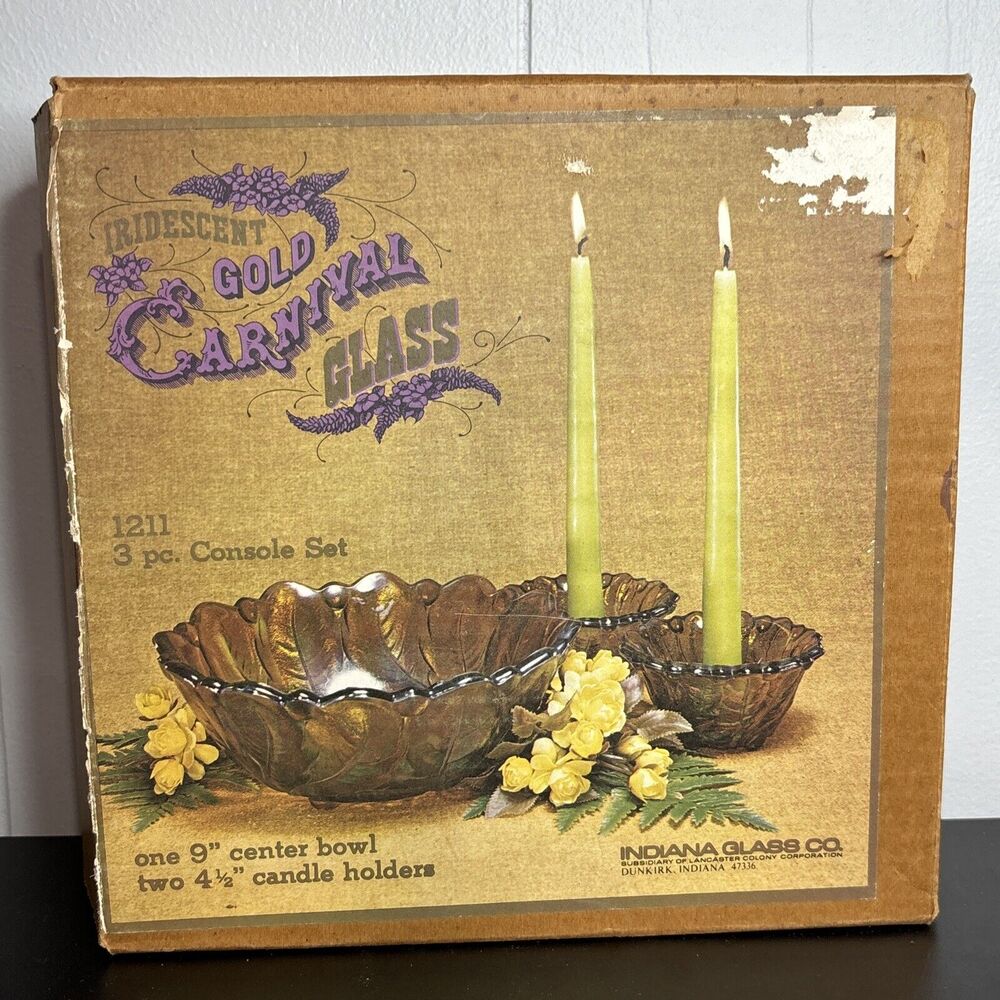 Vtg Indiana Glass Co Iridescent Gold Carnival Glass #1211 3pc Console Set